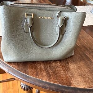Michael Kors Olive Green Pebbled Leather Satchel with Gold Hardware